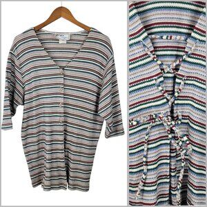 Vtg Waffle Knit Top 14/16 XL 1X Shirt Pullover Lace Up Tie Cinch Back Button Up